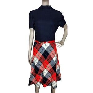 Vintage 60s MOD Academia Tartan Plaid Ribbed Mock Neck Belted Dress Size Medium